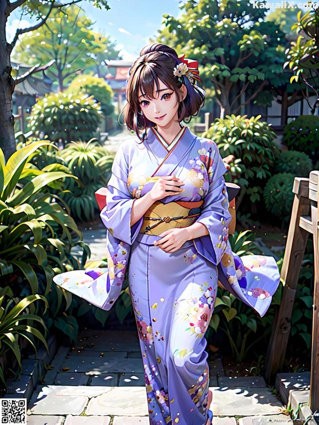 A woman in a kimono standing in a garden.