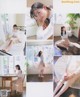 A collage of photos of a woman sitting on a bed.