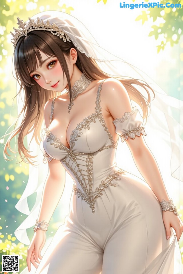 A woman in a wedding dress with a tia on her head.