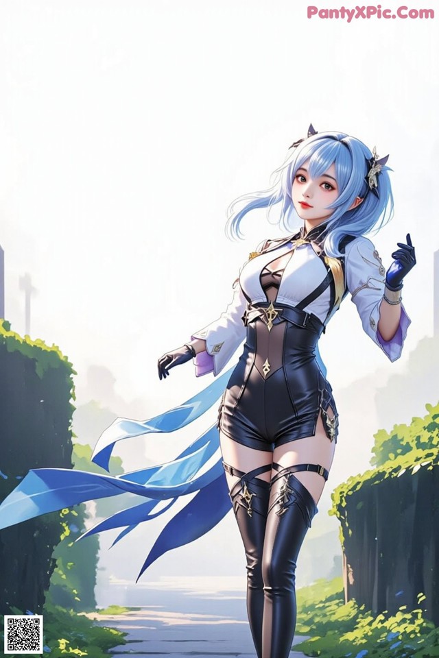 A woman in a black and white outfit with blue hair.