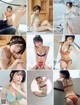 A collage of photos of a woman in a bikini.