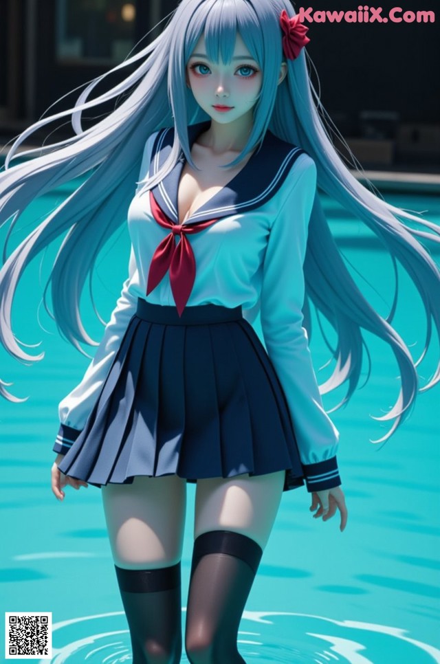 A girl in a school uniform standing in a pool.