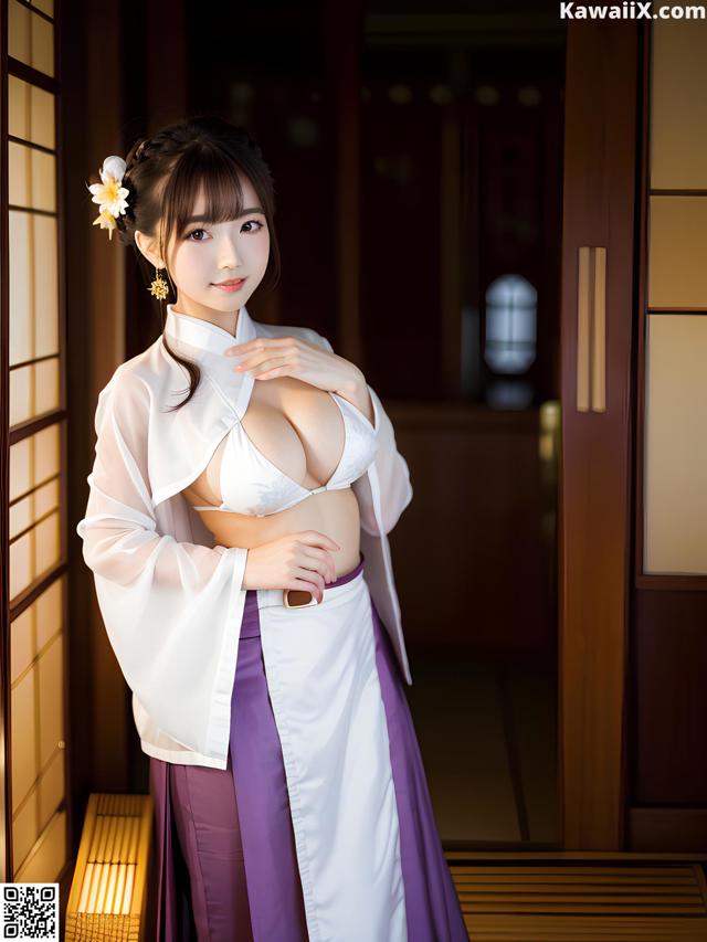 A woman in a white and purple kimono posing for a picture.