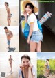 A collage of photos of a woman in a bikini and hat.